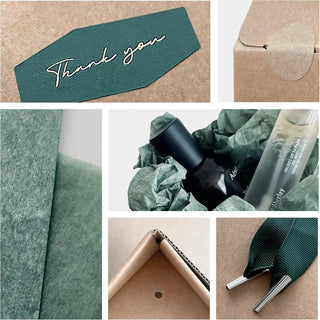 BYMARUE Elegant House-Shaped Gift Box Set with Handle, Thank You Sticker & Tissue Paper - Sturdy, Corrugated Gift Packaging, Goody Bags, Housewarming Favor Box for Mugs, Glass, Jams, Candles, Bottles, Jars, Cookies - Kraft Brown & Forest Green (1 Set)