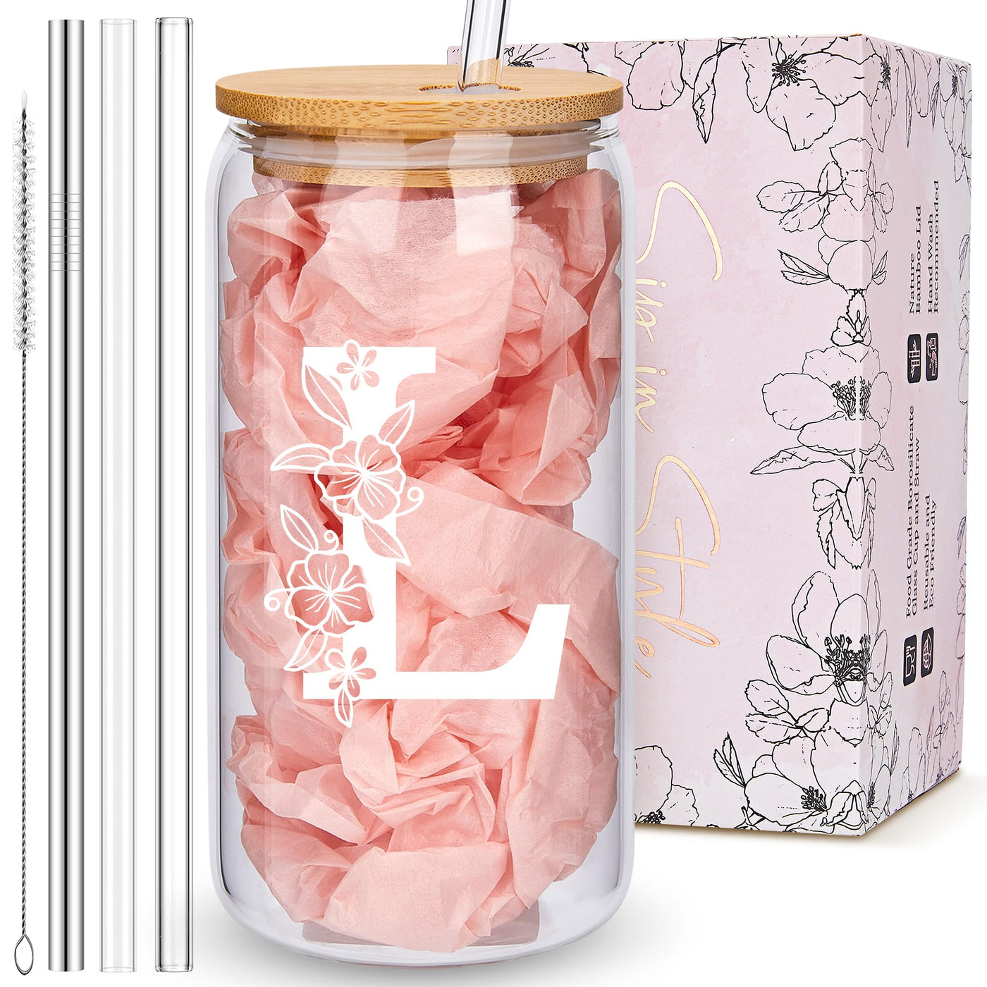 Personalized Tumbler, Monogrammed Can Glass Cups with Bamboo Lids and Straws, Customized Gifts for Women, Cute Design Initial Iced Coffee glasses, Custom Letter Mug, Birthday Bridesmaid, W