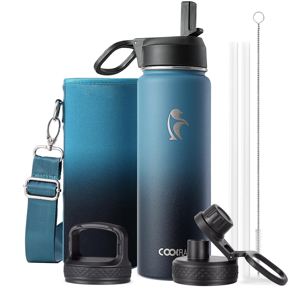 Water Bottle 40 oz Insulated with Straw&Brush, Coolflask Vaccum Stainless Steel Metal 3 Lids Water Flask for Sports, Gym or Office, Keep Cold 48H Hot 24H, Magic Black