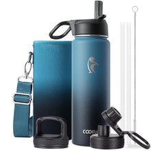 Water Bottle 40 oz Insulated with Straw&Brush, Coolflask Vaccum Stainless Steel Metal 3 Lids Water Flask for Sports, Gym or Office, Keep Cold 48H Hot 24H, Magic Black