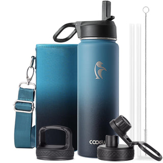 Water Bottle 40 oz Insulated with Straw&Brush, Coolflask Vaccum Stainless Steel Metal 3 Lids Water Flask for Sports, Gym or Office, Keep Cold 48H Hot 24H, Magic Black