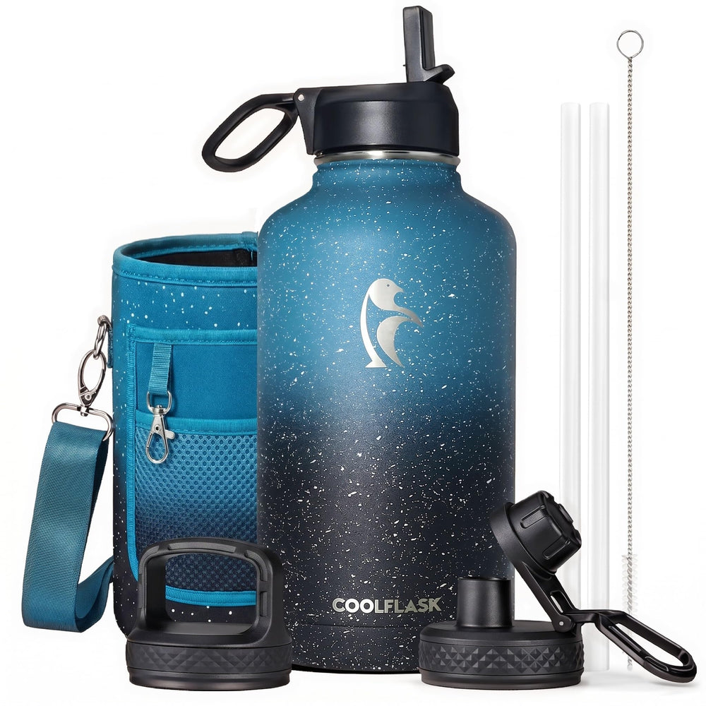 Water Bottle 40 oz Insulated with Straw&Brush, Coolflask Vaccum Stainless Steel Metal 3 Lids Water Flask for Sports, Gym or Office, Keep Cold 48H Hot 24H, Magic Black