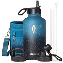 Water Bottle 40 oz Insulated with Straw&Brush, Coolflask Vaccum Stainless Steel Metal 3 Lids Water Flask for Sports, Gym or Office, Keep Cold 48H Hot 24H, Magic Black