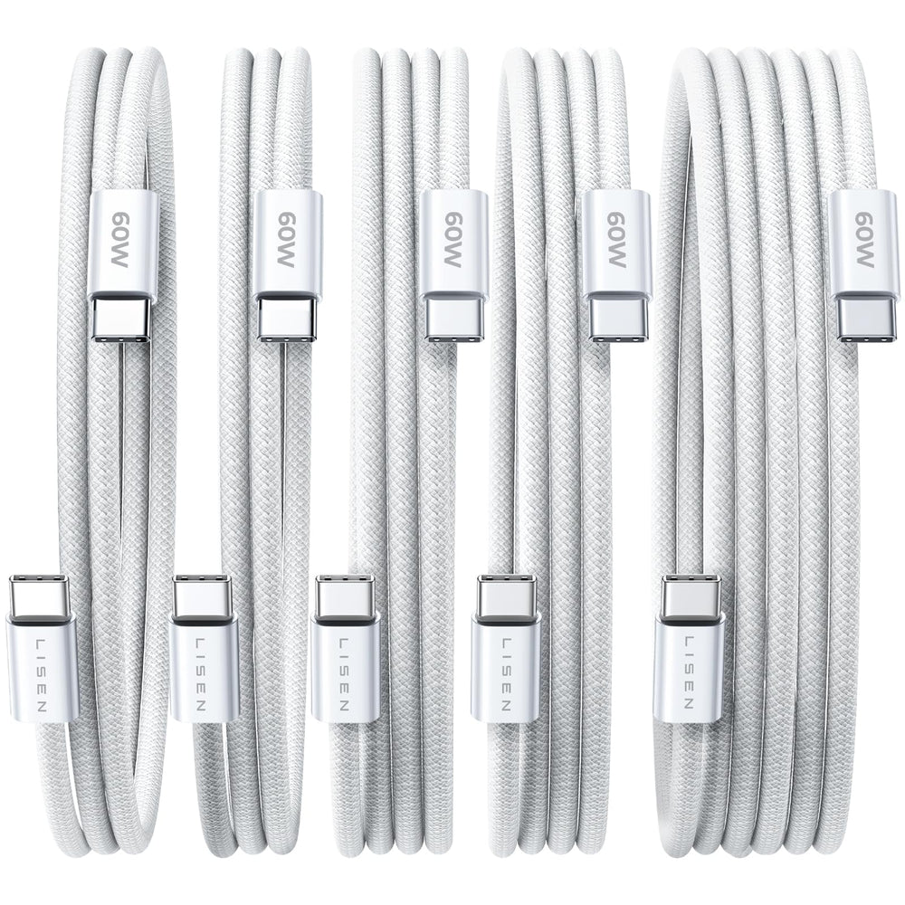 LISEN USB C to USB C Cable, 5-Pack [3.3/3.3/6.6/6.6/10FT] for iPhone 17 Charger Cord, 60W C to C Cable Fast Charging for iPad, iPhone 16 15 Pro Max, Galaxy S25/S24 USBC to USBC Cable Gifts for Men
