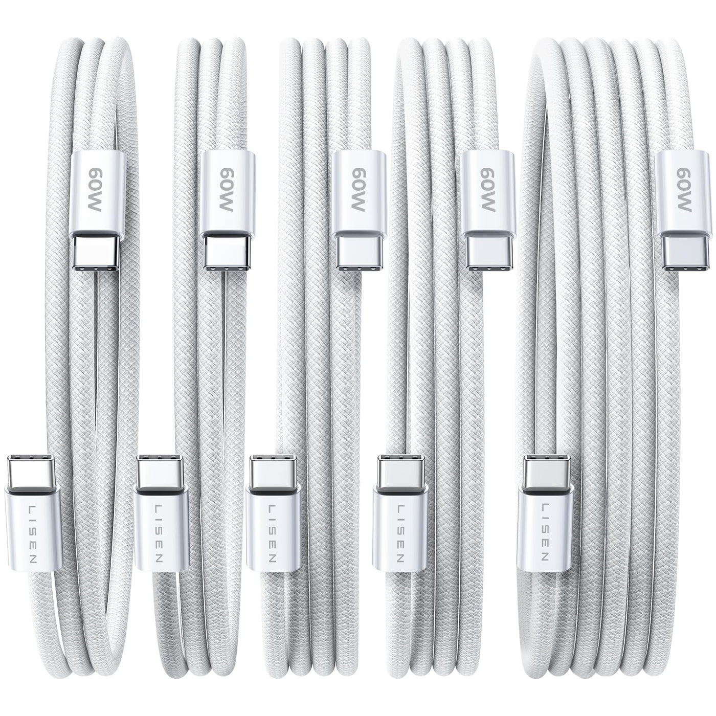 LISEN USB C to USB C Cable, 5-Pack [3.3/3.3/6.6/6.6/10FT] for iPhone 17 Charger Cord, 60W C to C Cable Fast Charging for iPad, iPhone 16 15 Pro Max, Galaxy S25/S24 USBC to USBC Cable Gifts for Men
