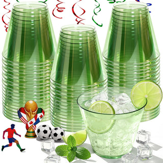 9 oz Clear Plastic Cups Green Plastic Disposable Cups for Cocktail 50 Pack Fancy Cocktail Cup for Party Stemless Wine Glasses for Wedding Graduation Birthday World Cup