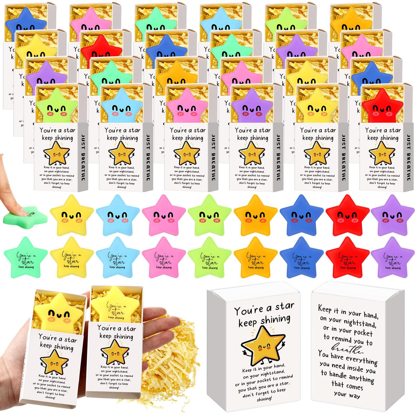 Wettarn 75 Sets Appreciation Gifts Cute Stress Balls with Support Boxes Bulk Party Favors for Employee Coworker Team Group Stuffers Office Prizes Positive Desk Decor