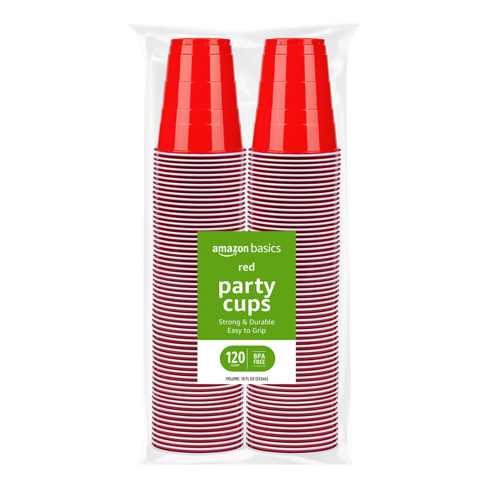 Amazon Basics Sturdy Disposable Plastic Party Cups for Cold Drinks, Red, 18oz, 50 Count, BPA-Free