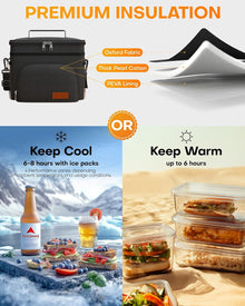 HOTOR Insulated Lunch Box for Men & Women - Leak-Proof Cooler Lunch Bag with 4 Pockets, Adjustable Strap, Ideal for Work, Picnic, Travel - Medium, Black, 10.2"×6.9"×8.5"