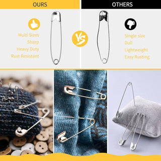 XKDOUS 3 Most Universal Safety Pins Assorted Sizes, Small & Large Safety Pins for Clothes, 150 Pack Silver Sharp Edge Pins for Clothing, Sewing & Craft Supplies