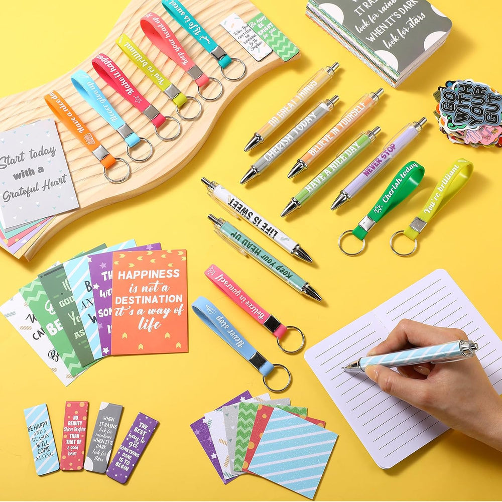 Pasimy 218 Pcs Inspirational Stationery Gifts Motivational Mini Notepad Pen Quote Bookmarks Stress Relief Stickers Inspiring Silicone Keychains for Home Office Appreciation Gift(Stylish)