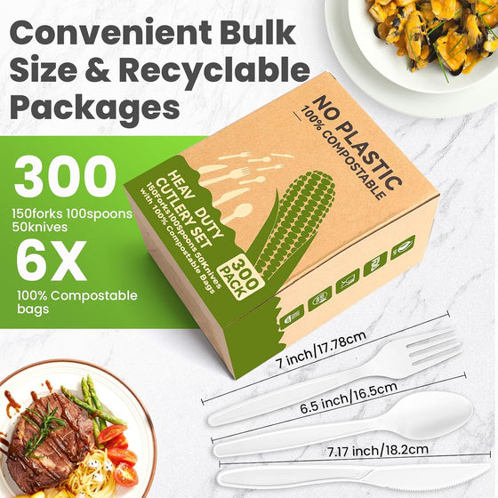 Compostable Utensils Set (300Pack), Heavy Duty & Eco-Friendly No-Plastic Spoons, Forks, Knives Cutlery Set - 100% Disposable Cornstarch Flatware for Lounge Party Wedding BBQ Picnic Camping - hover image