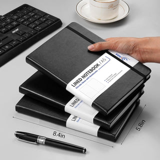 Dynta A5 Lined Journal 6 Pack - Black PU Leather Hardcover Notebook, 100gsm Thick Paper, 200 Pages (100 Sheets), Office Work Business Notebook with Table of Contents & Back Pocket for Meetings & Teams