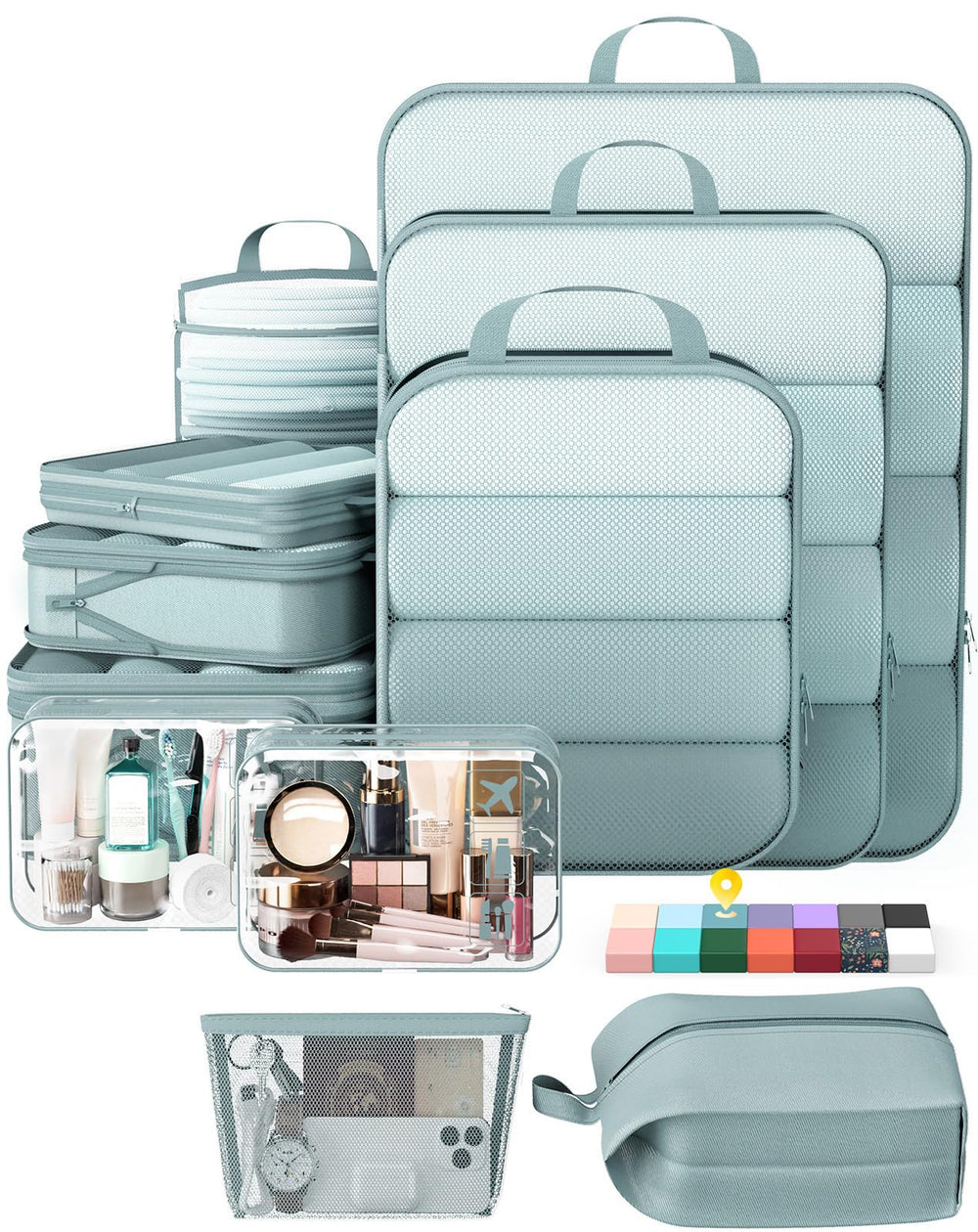 Veken 11-Pack Compression Packing Cubes for Travel Essentials,Compressible Expandable Large Luggage Suitcase Organizer Bags for Clothing,Durable Space Saver Bags with Toiletry Bags(Dark Green)