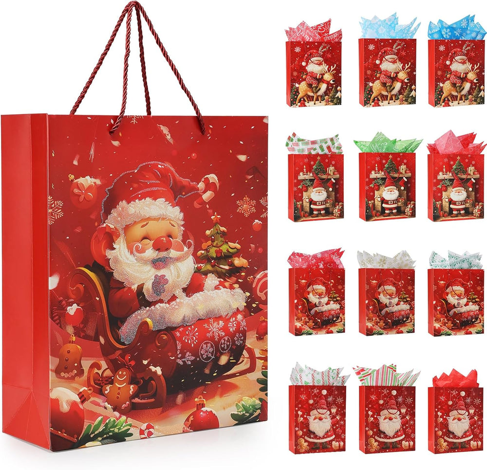 Rusikia 12 Christmas Gift Bags with 12 Tissues and 1 Satin Ribbon - Large | Party Favor Bags, Bulk with Handles,Glittery Cute Tree Father Christmas Paper Bag, for Wrapping Holiday, Red, 16"x12"x5"