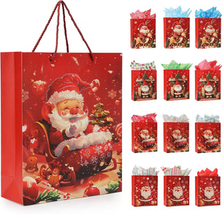 Rusikia 12 Christmas Gift Bags with 12 Tissues and 1 Satin Ribbon - Large | Party Favor Bags, Bulk with Handles,Glittery Cute Tree Father Christmas Paper Bag, for Wrapping Holiday, Red, 16"x12"x5"