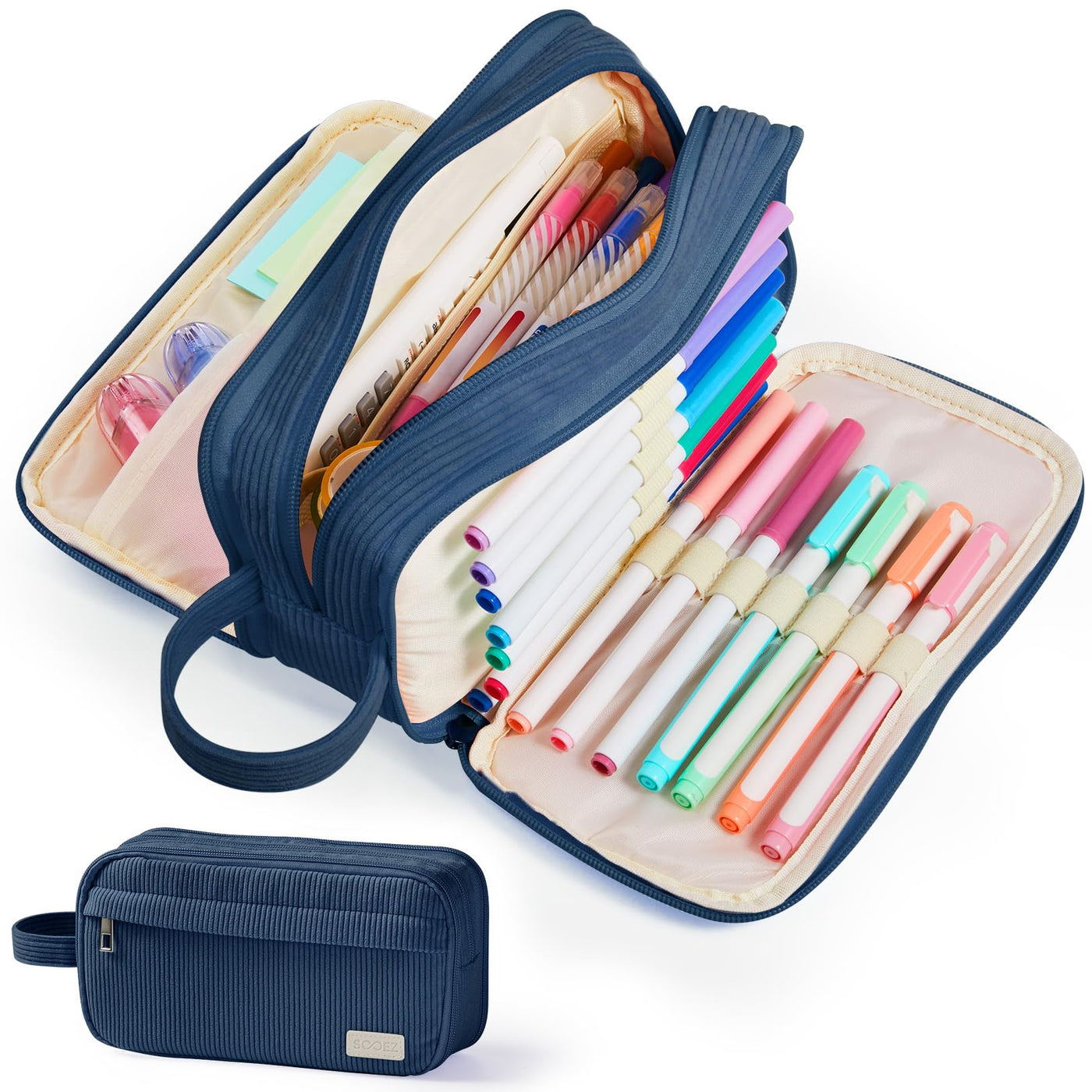 Sooez High Capacity Pencil Case, Soft Corduroy Pencil Pouch with 4 Compartments, Multiple Pockets, Large Pencil Bag with Sturdy Zipper, Cute Pencil Case Pouch Organizer for Student Teen Girls, Blue