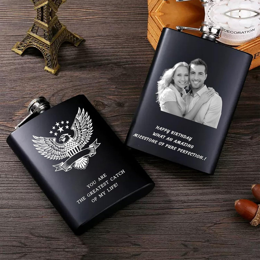 Custom Flask for Men Personalized Engraved 8 Oz Hip Flasks With Photo Text Customized Liquor Flask Gifts for Grandpa Men Him Dad Husband Fathers Day Christmas Groomsman (Custom Photos)