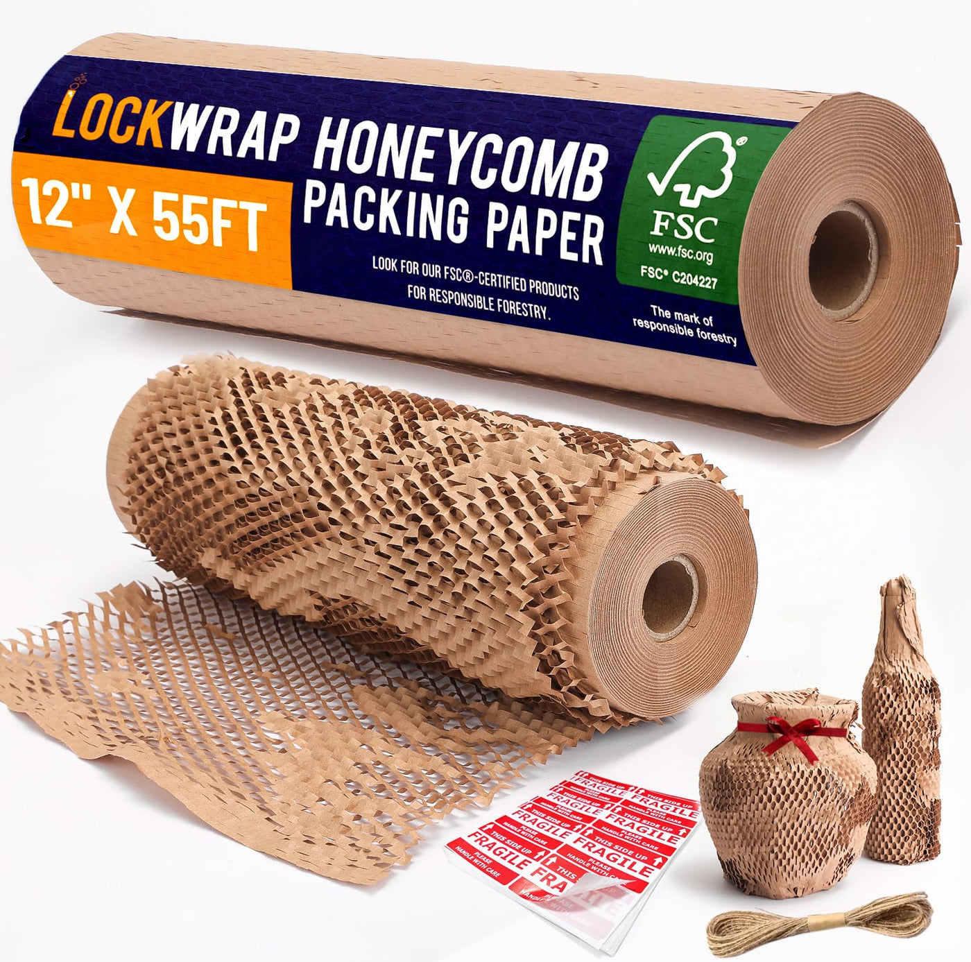 Honeycomb Packing Paper 12" x 150ft with Rope & 20 Fragile Stickers|Shipping & Moving Supplies|Small Business Packaging Supplies|Eco Friendly Bubble Wrap Packing Boxes for Moving Certified FSC C204227