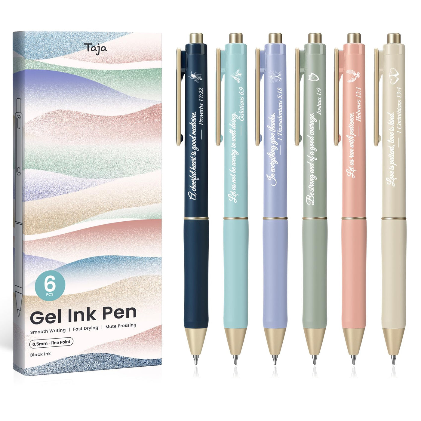 Taja Gel Pens, 6 Pcs Quick Dry Black Gel Ink Pens, 0.5mm Fine Point Smooth Writing Pens for Journaling and Note Taking, Cute Aesthetic Pens for Women & Men-Pastel