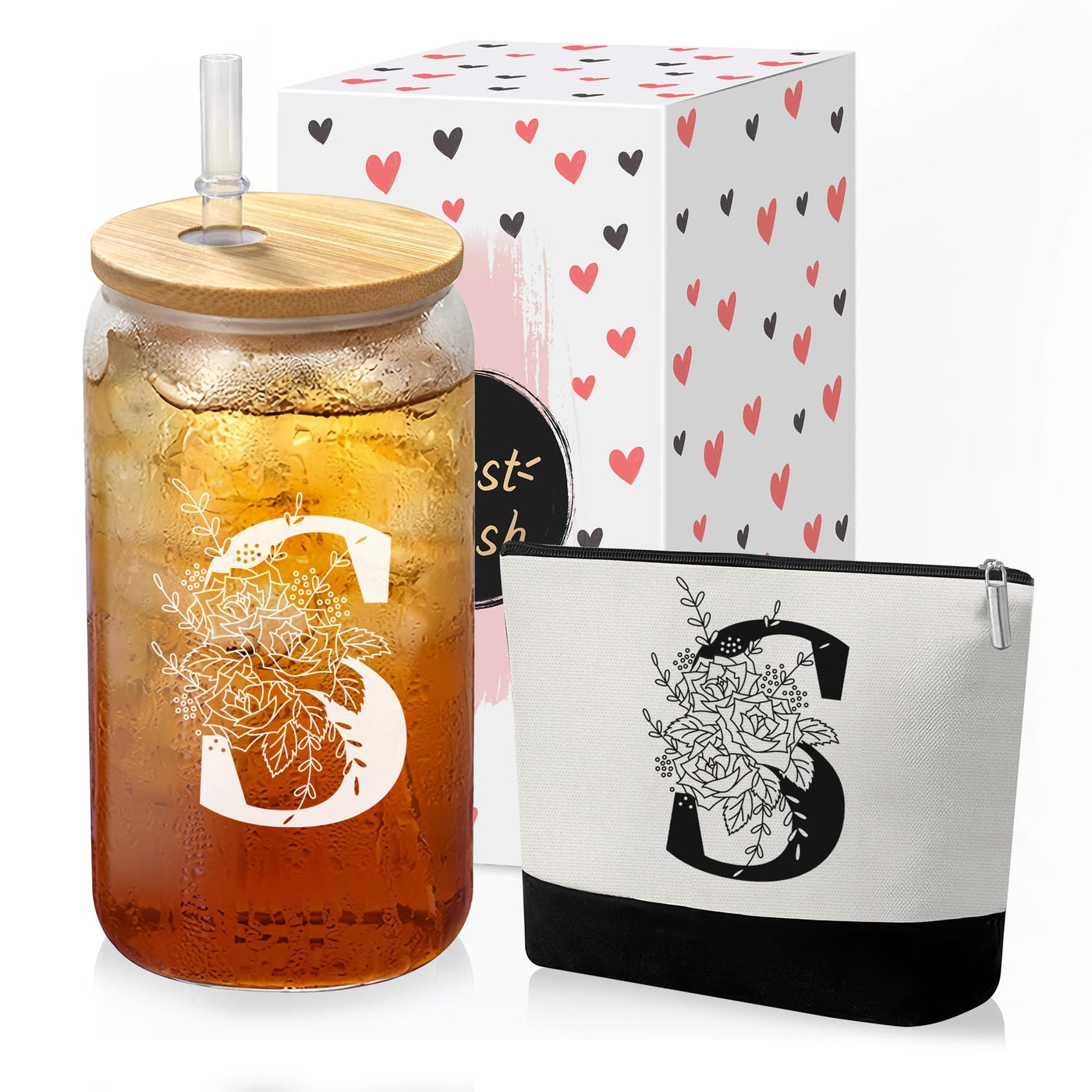 Custom Glass Cup & Makeup Bag Set - Personalized Gifts for Women, Initial 16 oz Glass Tumbler with Lid & Straw, Monogram Makeup Bag - Birthday Gifts For Women, Mother's Day Presents(S)