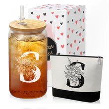 Custom Glass Cup & Makeup Bag Set - Personalized Gifts for Women, Initial 16 oz Glass Tumbler with Lid & Straw, Monogram Makeup Bag - Birthday Gifts For Women, Mother's Day Presents(S)