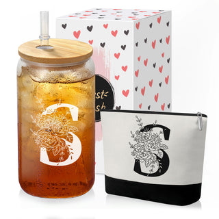 Custom Glass Cup & Makeup Bag Set - Personalized Gifts for Women, Initial 16 oz Glass Tumbler with Lid & Straw, Monogram Makeup Bag - Birthday Gifts For Women, Mother's Day Presents(S)