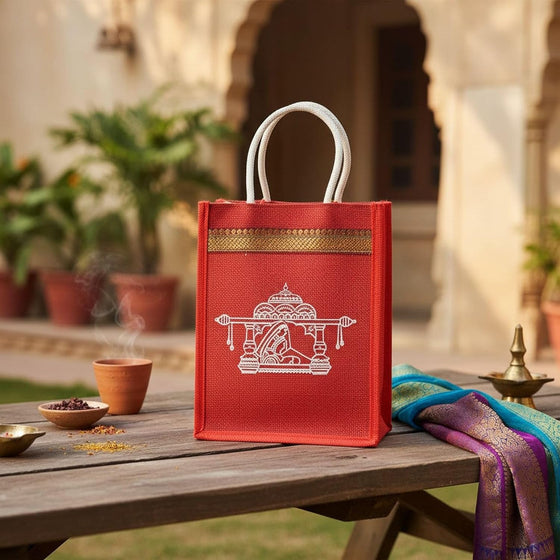 LOVENSPIRE Printed Jute Burlap Tote Gift Bags – Ideal for Wedding, Housewarming Favors, & Traditional Indian Return Gifts - hover image