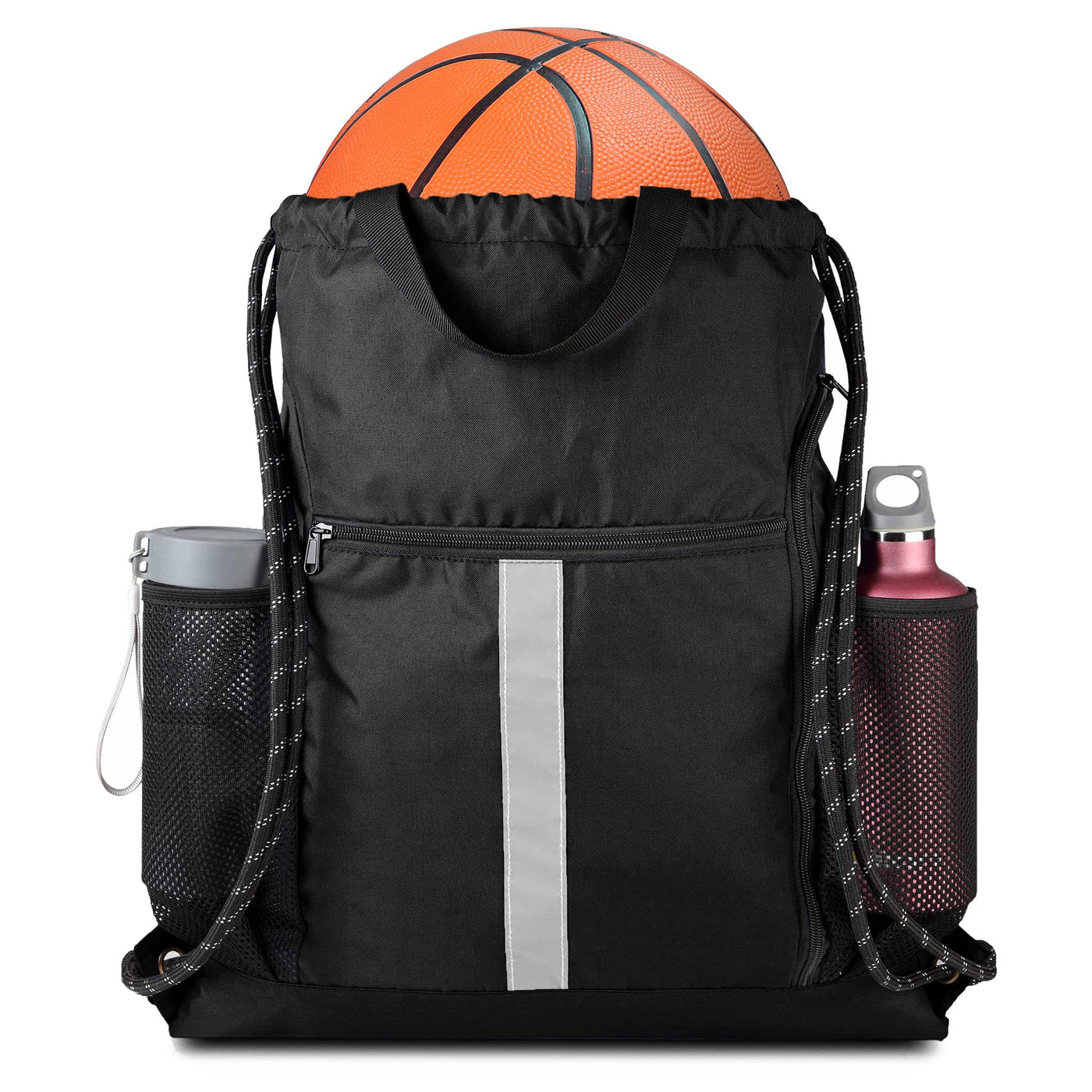 BeeGreen Black Drawstring Backpack Gym Bag For Men Women String Sports Backpack With Water Bottle Mesh Pockets And 2 Zippered Pocket Large Cinch Sackpack Workout Bag 16" x 20"