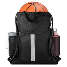 BeeGreen Black Drawstring Backpack Gym Bag For Men Women String Sports Backpack With Water Bottle Mesh Pockets And 2 Zippered Pocket Large Cinch Sackpack Workout Bag 16" x 20"