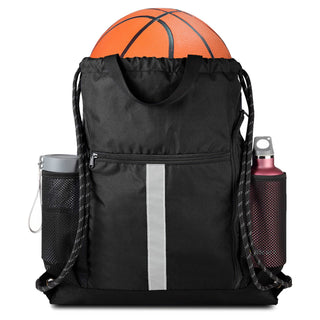 BeeGreen Black Drawstring Backpack Gym Bag For Men Women String Sports Backpack With Water Bottle Mesh Pockets And 2 Zippered Pocket Large Cinch Sackpack Workout Bag 16" x 20"