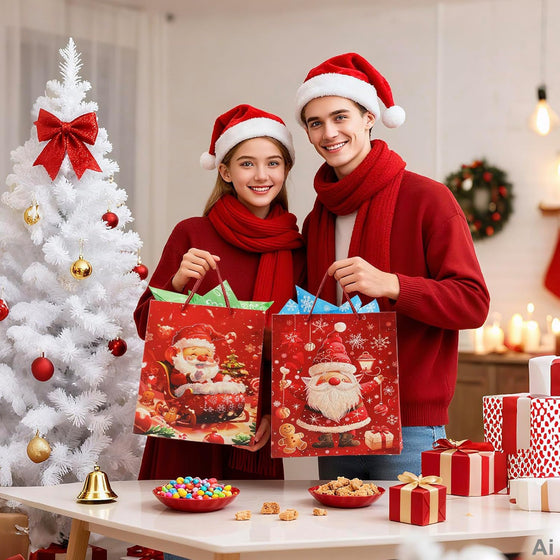 Rusikia 12 Christmas Gift Bags with 12 Tissues and 1 Satin Ribbon - Large | Party Favor Bags, Bulk with Handles,Glittery Cute Tree Father Christmas Paper Bag, for Wrapping Holiday, Red, 16"x12"x5" - hover image