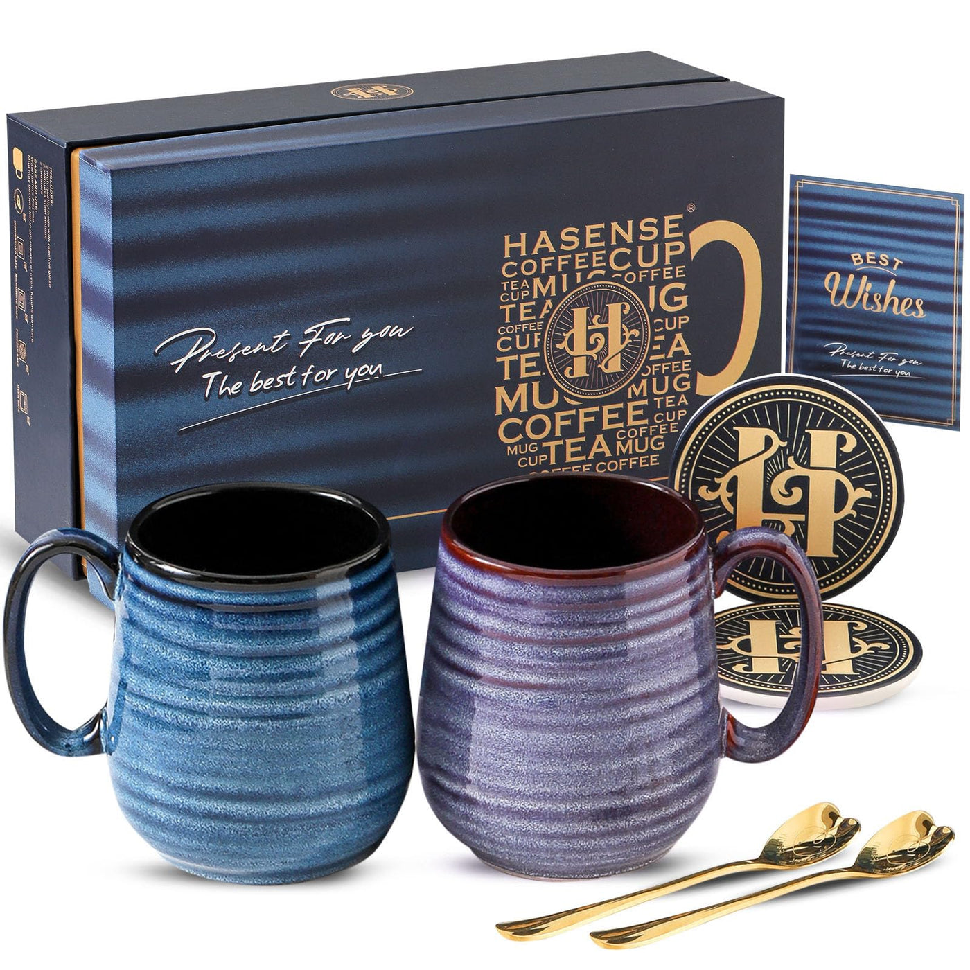 HASENSE Coffee Mugs Gift Set, 20 oz Ceramic Coffee Cups for Men and Women, Premium Large Tea Cups Gift Box with Coaster & Gold Spoon, Blue Couple Mugs for Wedding Holiday