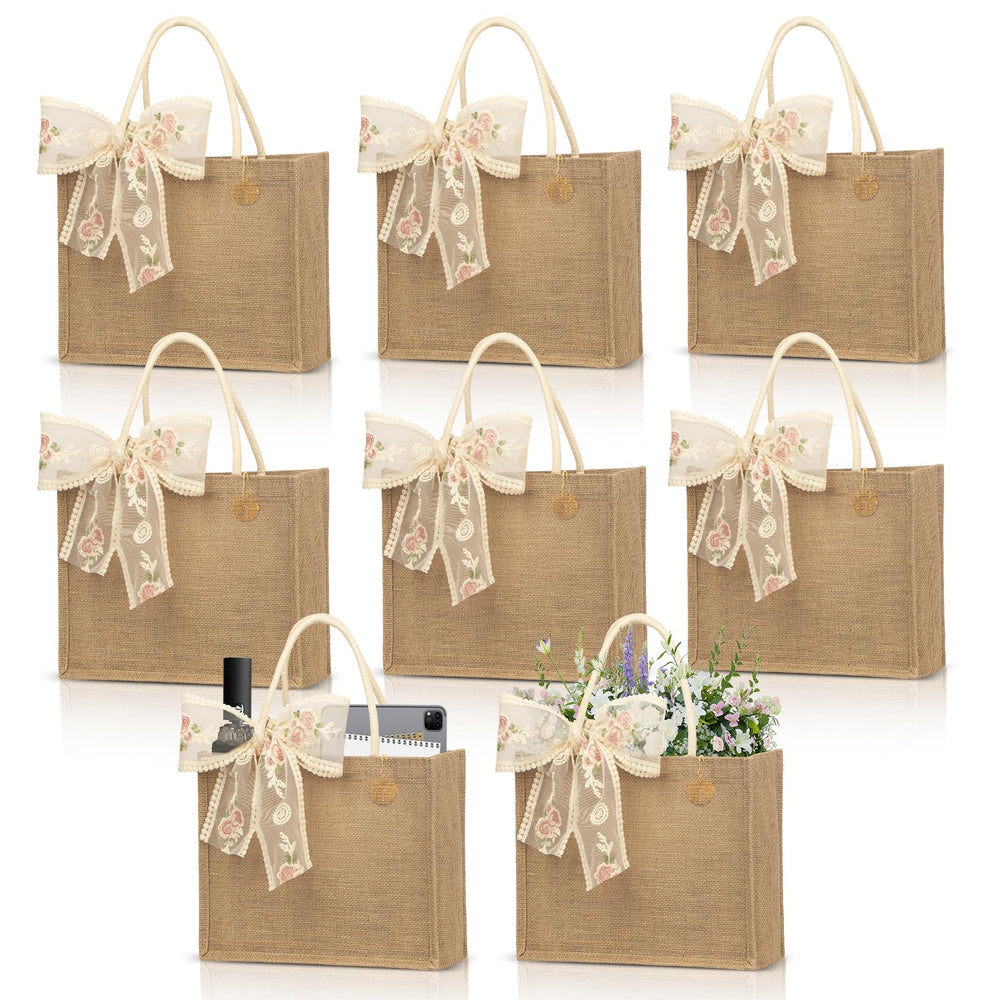 Burlap Jute Tote Bags with PE Lined Water-Resistant Interior, 13x9x5 Inch Reusable Bag for Beach,Shopping, Bridesmaid Gift