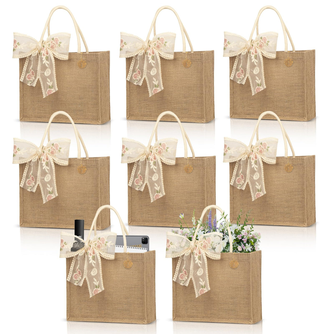 Burlap Jute Tote Bags with PE Lined Water-Resistant Interior, 13x9x5 Inch Reusable Bag for Beach,Shopping, Bridesmaid Gift