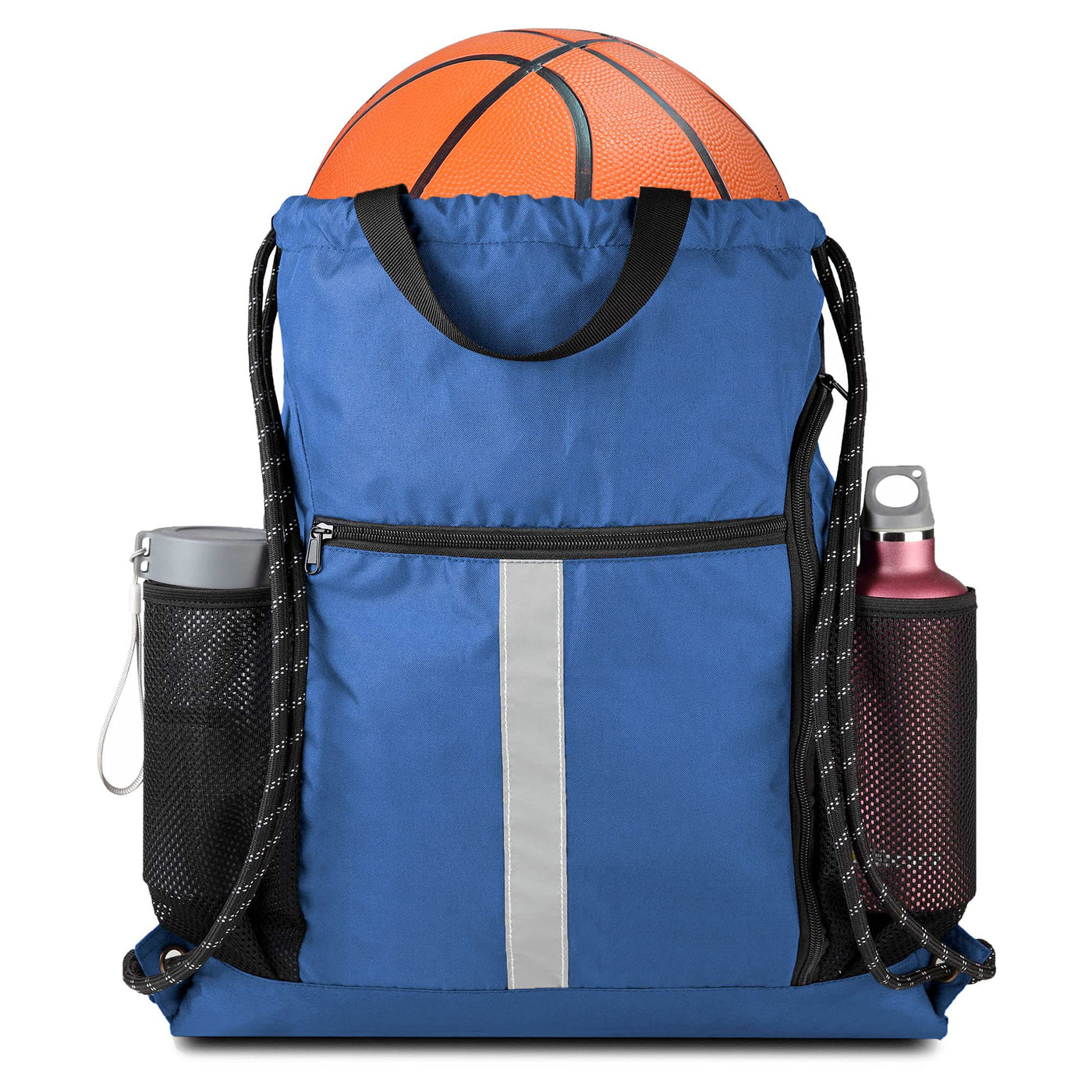 BeeGreen Black Drawstring Backpack Gym Bag For Men Women String Sports Backpack With Water Bottle Mesh Pockets And 2 Zippered Pocket Large Cinch Sackpack Workout Bag 16" x 20"