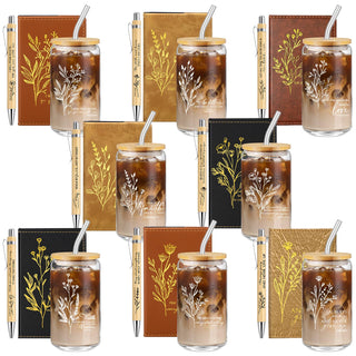 AmazingSpark 18 Pcs Fathers Day Christian Gift Bulk for Men Women 16 Oz Glass Cups with Lid Straw Bible Notebook Leather Prayer Journal with Pen Religious Gift for Church Member (Bible Words,Brown)