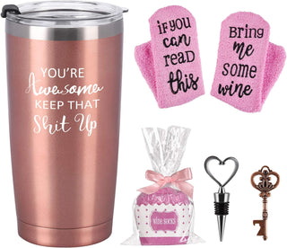 Lifecapido Travel Tumbler Cupcake Wine Socks Set, Thank You Gifts for Women Her Girlfriend Lover Female Friends, You're Awesome 20 Oz Stainless Steel Tumbler with 2 Lids, Socks, Opener, Wine Stopper