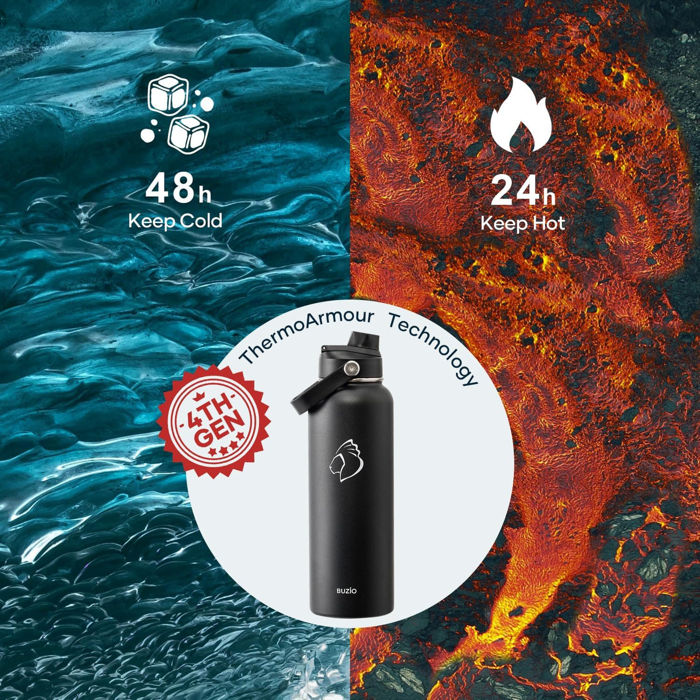 BUZIO 40oz Insulated Water Bottle, Triple Wall Vacuum Stainless Steel Water Flask with 2 lids, Lead-Free BPA-Free Straw Lid Sports Canteen Jug, Cold 48H & Hot 24H- Black