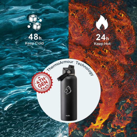 BUZIO 40oz Insulated Water Bottle, Triple Wall Vacuum Stainless Steel Water Flask with 2 lids, Lead-Free BPA-Free Straw Lid Sports Canteen Jug, Cold 48H & Hot 24H- Black - hover image