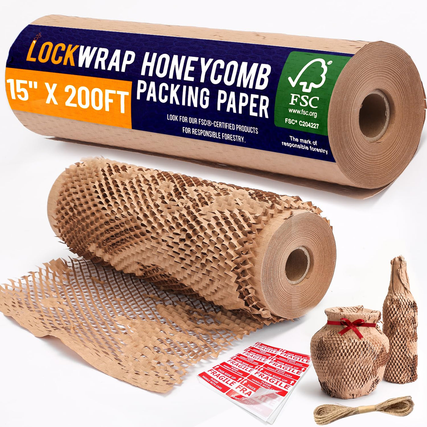 Honeycomb Packing Paper 12" x 150ft with Rope & 20 Fragile Stickers|Shipping & Moving Supplies|Small Business Packaging Supplies|Eco Friendly Bubble Wrap Packing Boxes for Moving Certified FSC C204227