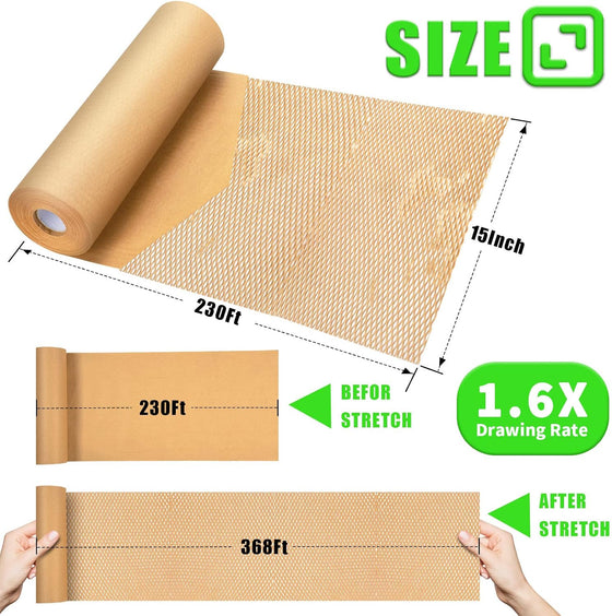 Honeycomb Packing Paper, MINHAO 15"x230' Eco Friendly Packing Paper for Moving Recyclable Honeycomb Paper Moving Supplies Bubble Paper Wrapping Protective Roll, With 36 Fragile Sticker Labels - hover image