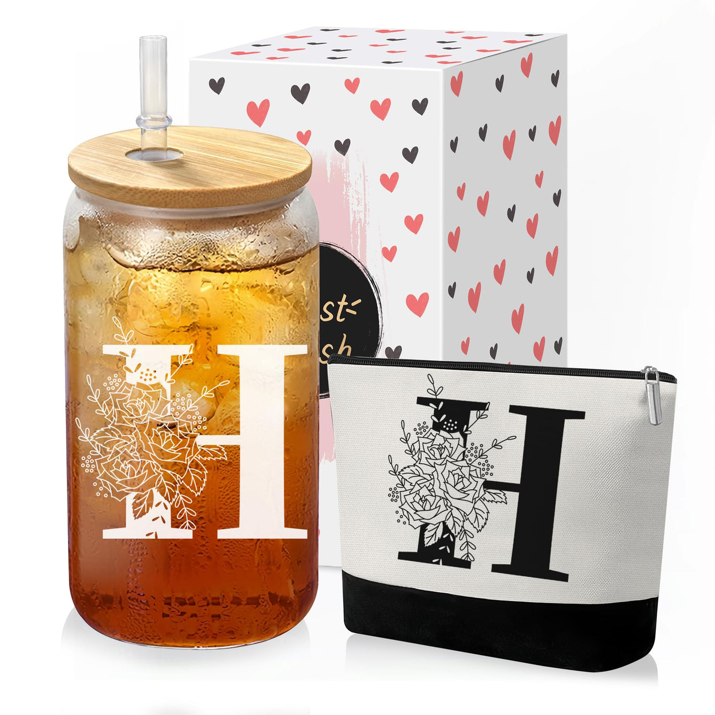 Custom Glass Cup & Makeup Bag Set - Personalized Gifts for Women, Initial 16 oz Glass Tumbler with Lid & Straw, Monogram Makeup Bag - Birthday Gifts For Women, Mother's Day Presents(S)