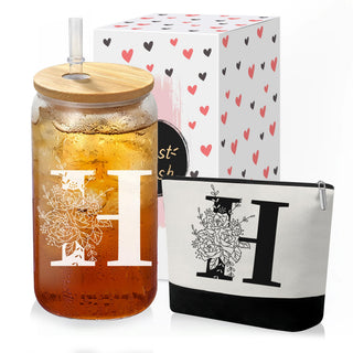 Custom Glass Cup & Makeup Bag Set - Personalized Gifts for Women, Initial 16 oz Glass Tumbler with Lid & Straw, Monogram Makeup Bag - Birthday Gifts For Women, Mother's Day Presents(S)