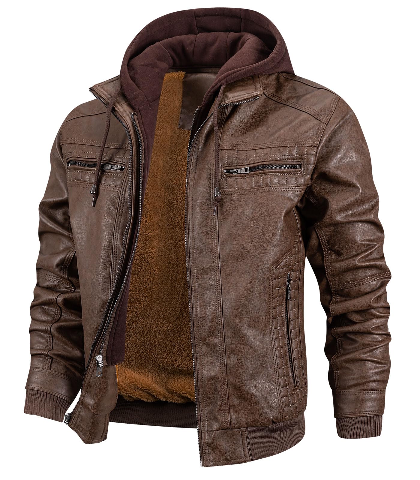 INVACHI Men's Leather Jacket Motorcycle Bomber Jacket Windproof PU Vintage Jacket with Removable Hood
