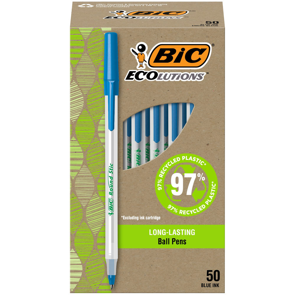 BIC Ecolutions Round Stic Ballpoint Pens, Medium Point (1.0mm), 50-Count Pack, Black Ink Pens Made from 97% Recycled Plastic
