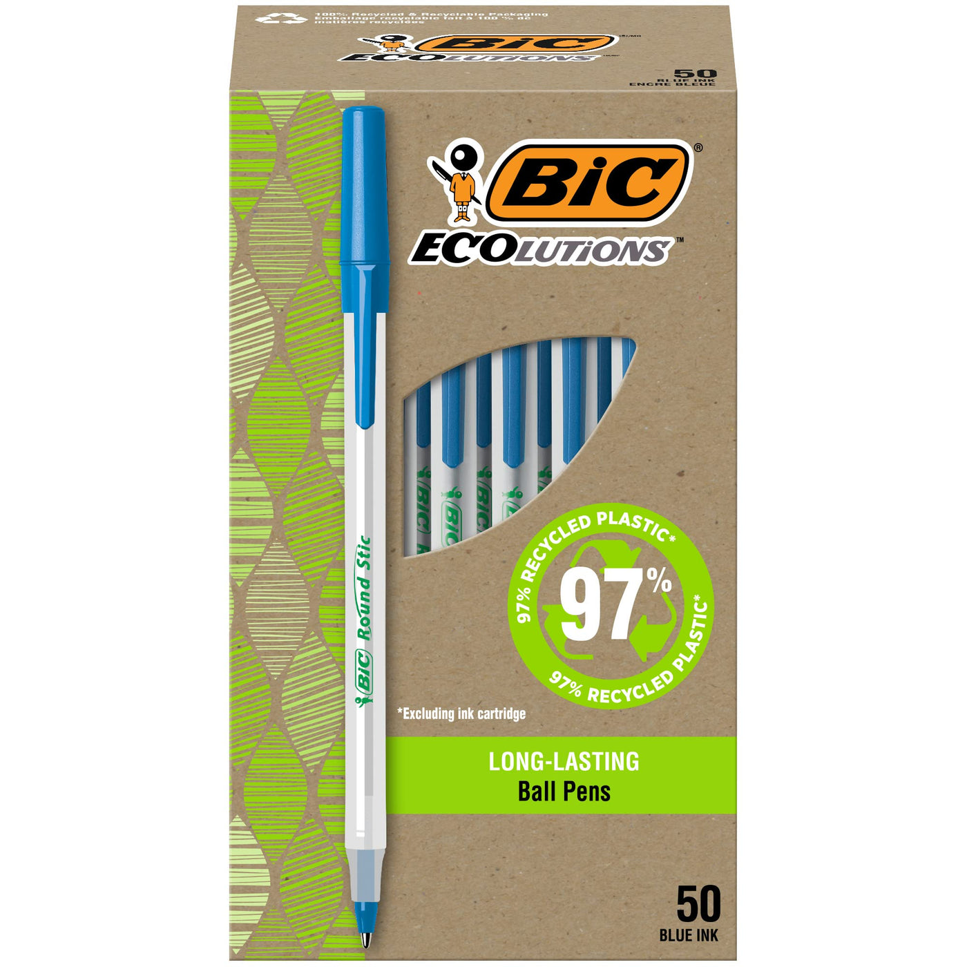 BIC Ecolutions Round Stic Ballpoint Pens, Medium Point (1.0mm), 50-Count Pack, Black Ink Pens Made from 97% Recycled Plastic