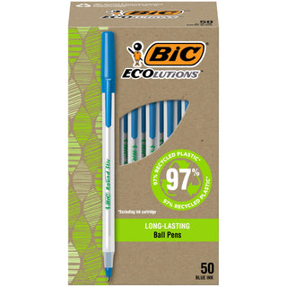 BIC Ecolutions Round Stic Ballpoint Pens, Medium Point (1.0mm), 50-Count Pack, Black Ink Pens Made from 97% Recycled Plastic
