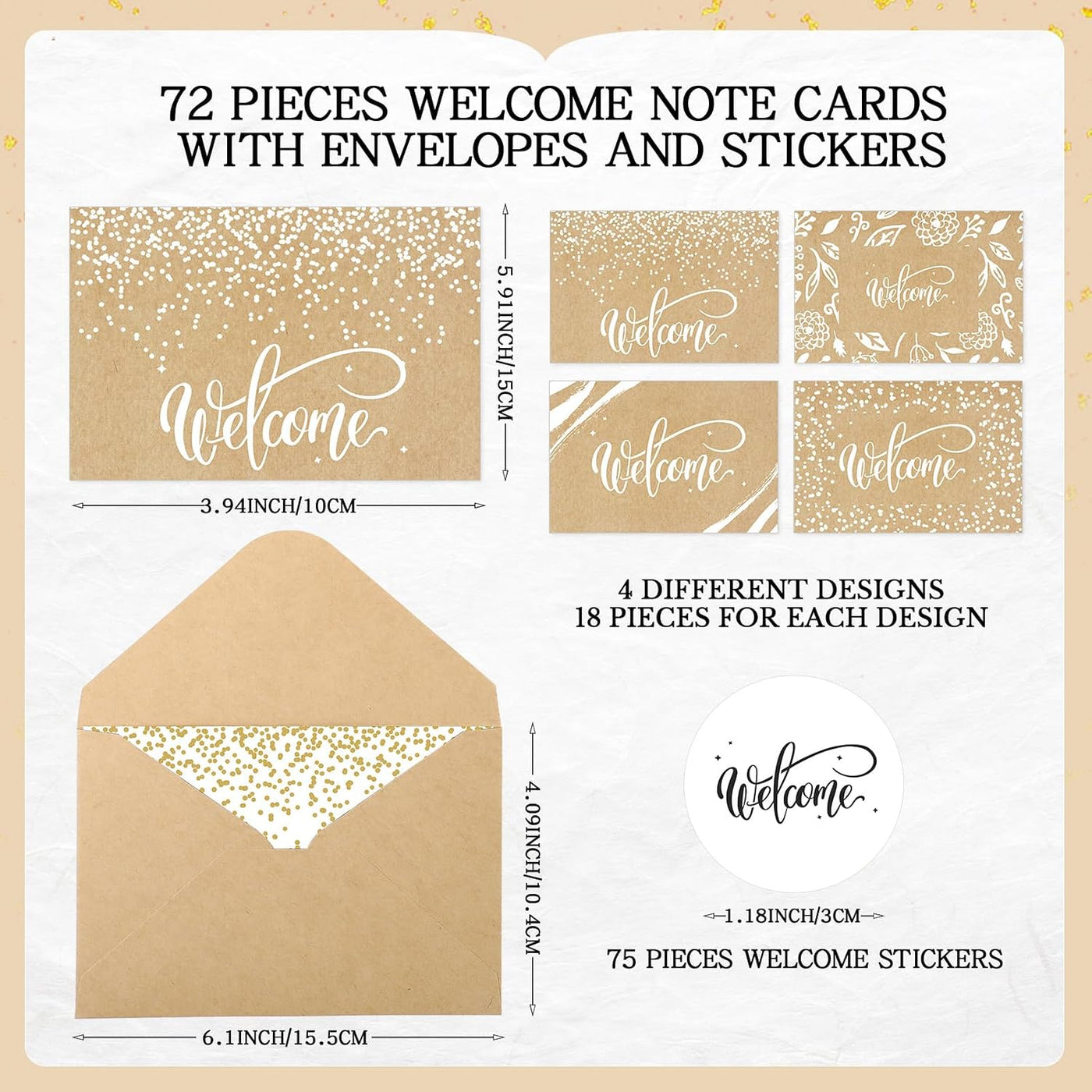 Fumete 72 Sets Bulk Welcome Card for Guest with Kraft Envelope Sticker Blank 6x4 in Interior Welcomes Note Card Paper Hotel Business Greeting Postcard Wedding Employee Team(White)