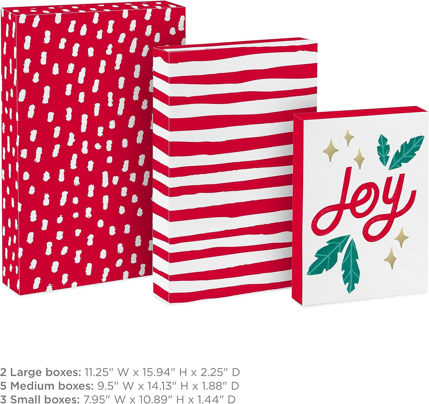 Hallmark Christmas Shirt Boxes for Presents (10 Clothes Boxes with Lids: 3 Small 11", 5 Medium 14", 2 Large 16") Red and White Stripes, Green Tree with Rainbows, Joy, Very Merry